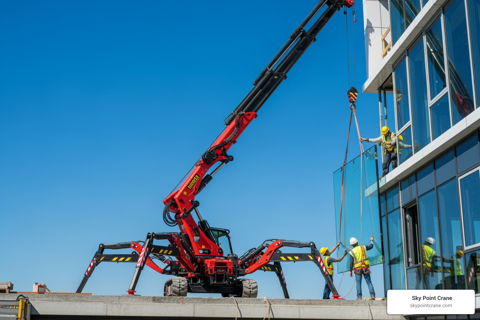 Spyder crane installing glass panels on a building facade - rent spyder crane Spyder crane installing glass panels on a building facade - rent spyder crane