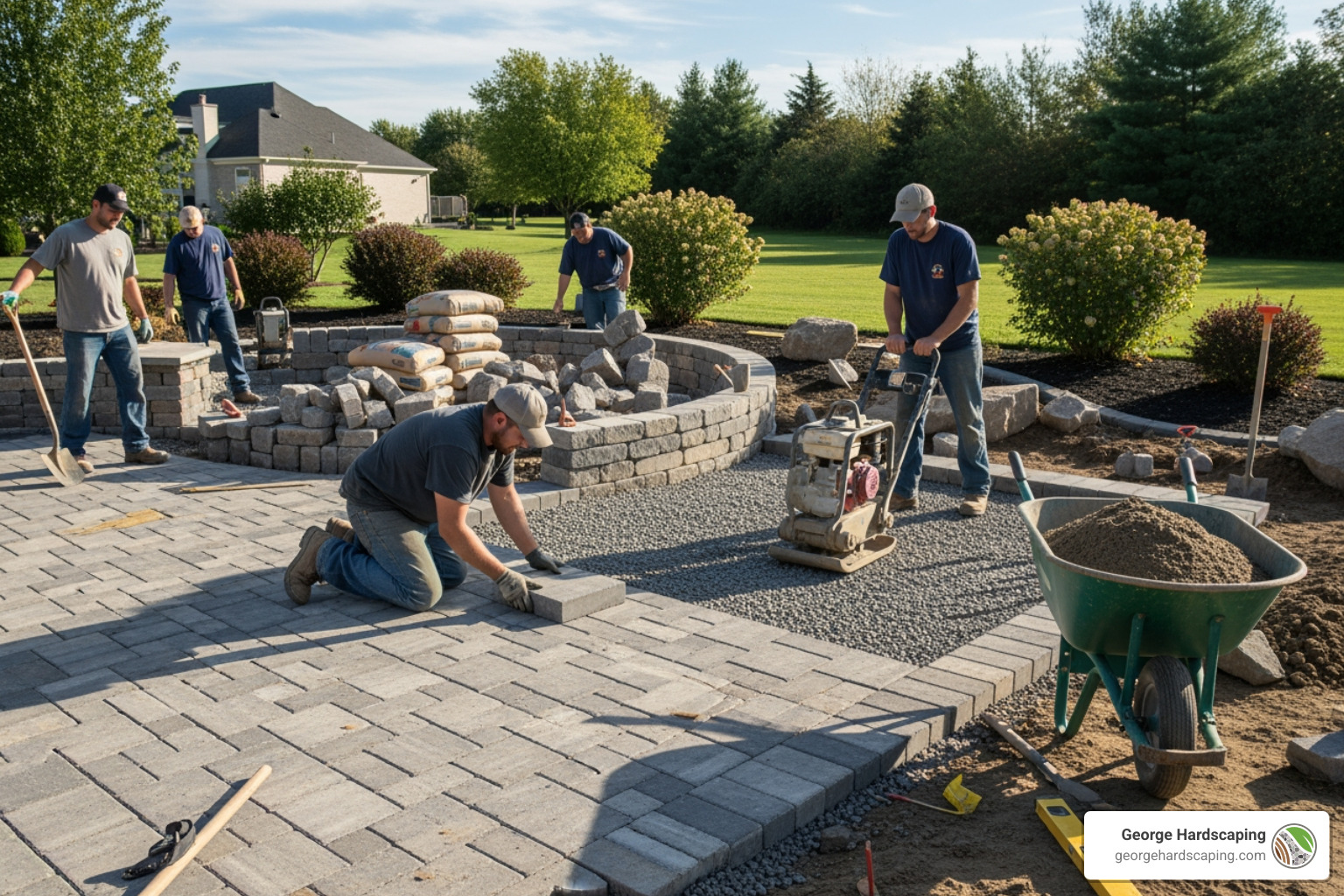 Sample board with bluestone, granite, brick, and concrete pavers for hardscaping material selection. - hardscaping service