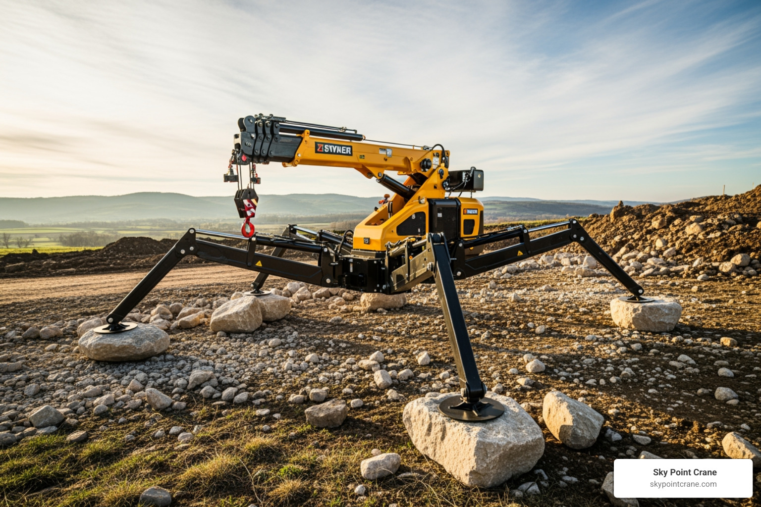Spyder crane's spider-like outriggers deployed on uneven ground - rent spyder crane Spyder crane's spider-like outriggers deployed on uneven ground - rent spyder crane
