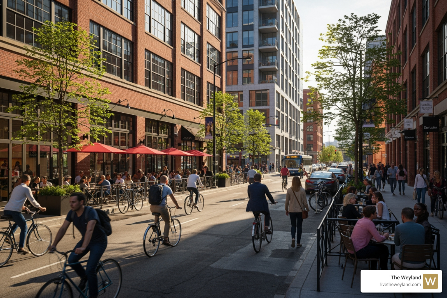 busy street in River West with cafes and people biking - river west studio chicago