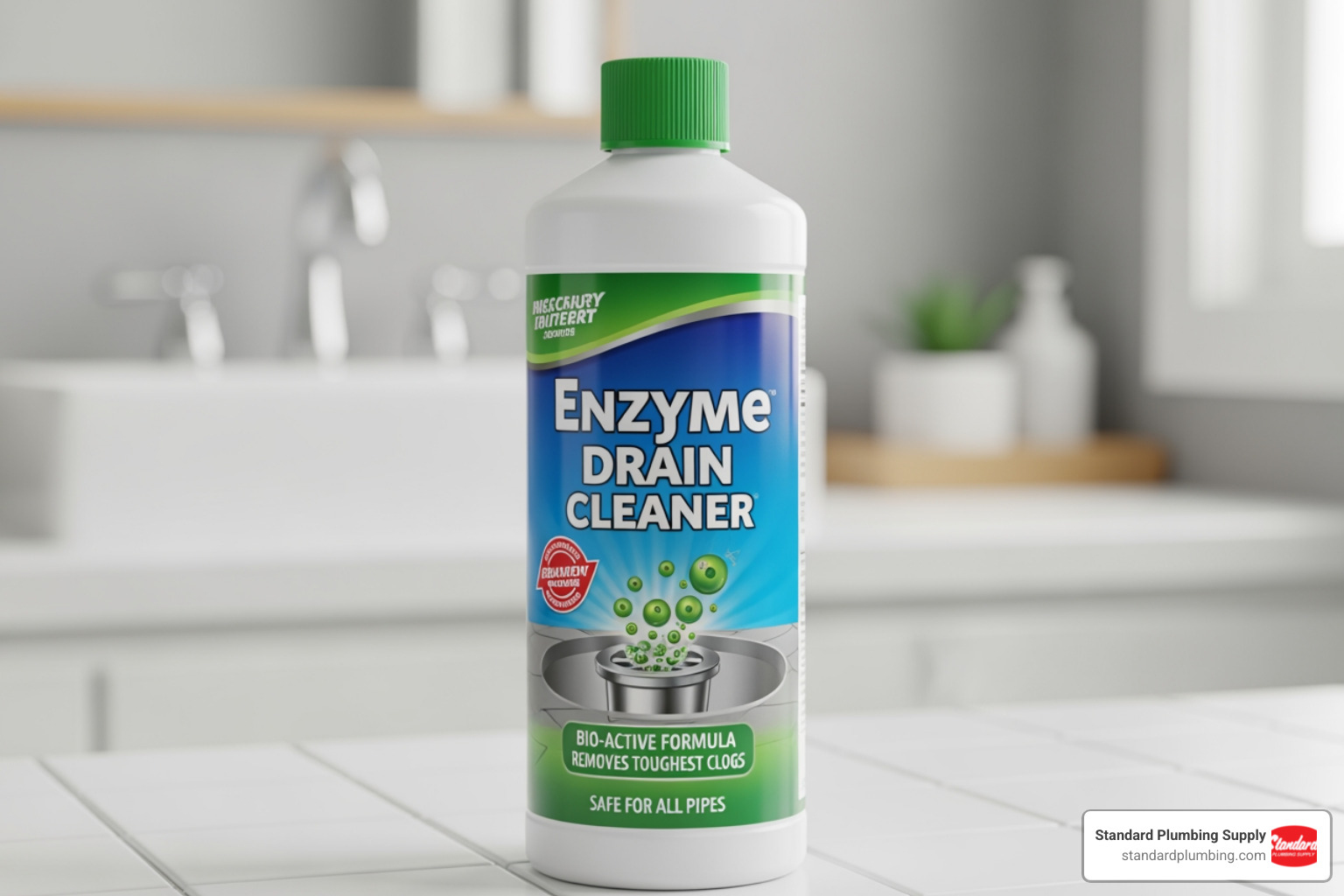 bottle of enzymatic drain cleaner - best drain cleaner for kitchen sink with garbage disposal