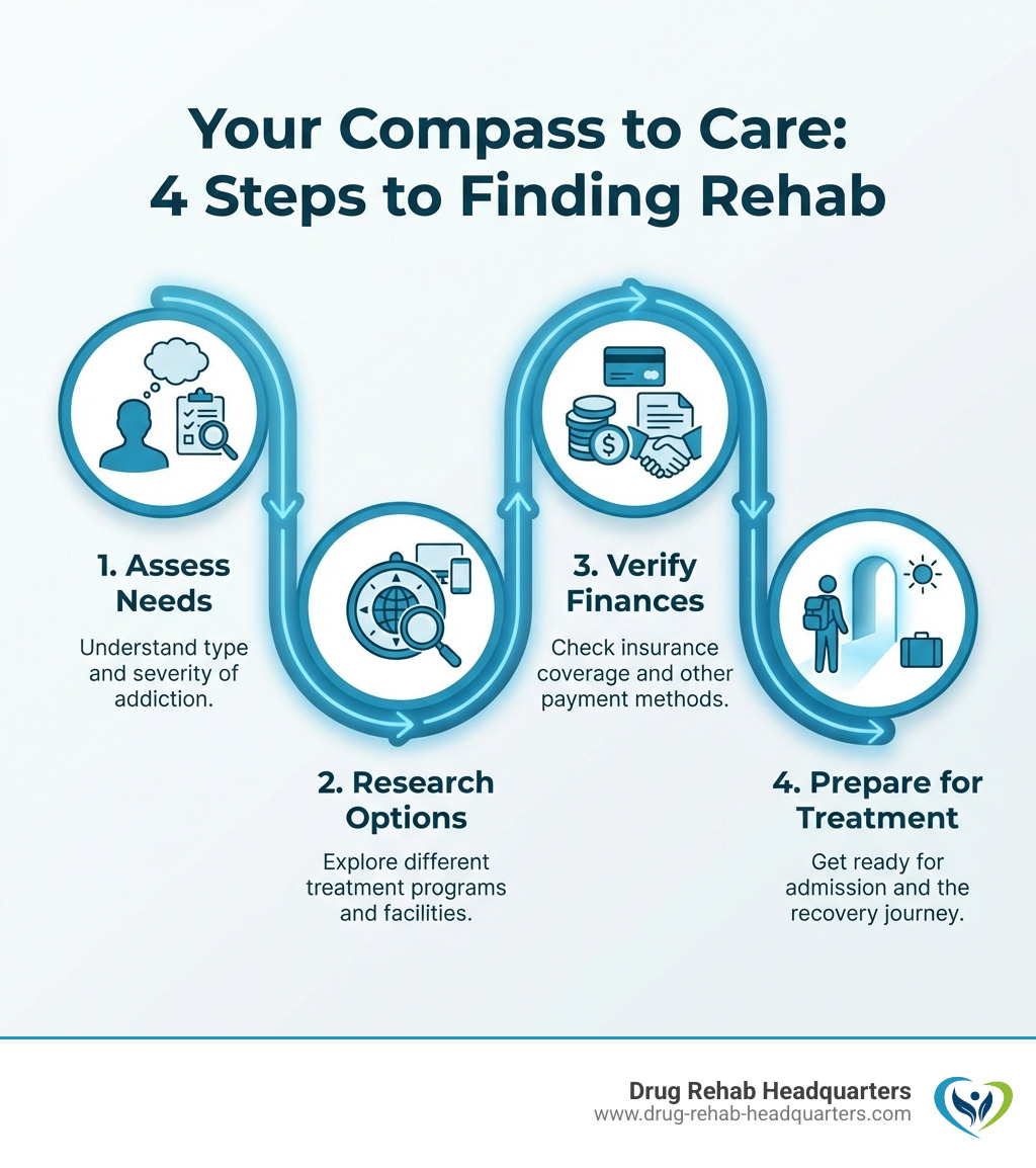 Infographic explaining the 4 main steps to finding a rehab center: 1. Assess Needs, 2. Research Options, 3. Verify Finances, 4. Prepare for Treatment - How to find rehab infographic 