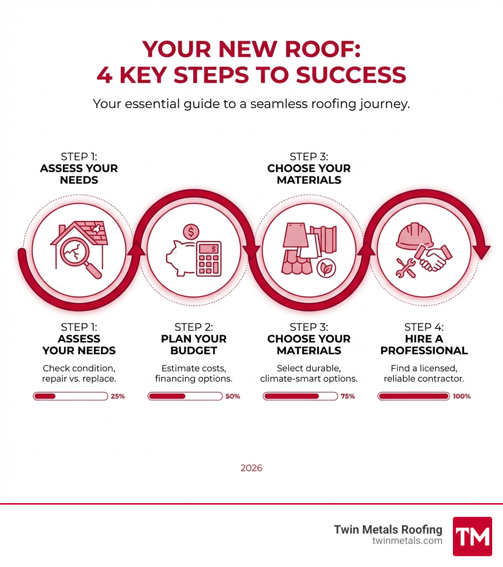 Infographic detailing the 4 key steps to getting a new roof: Assess Your Needs, Plan Your Budget, Choose Your Materials, and Hire a Professional Contractor - a new roof infographic Infographic detailing the 4 key steps to getting a new roof: Assess Your Needs, Plan Your Budget, Choose Your Materials, and Hire a Professional Contractor - a new roof infographic