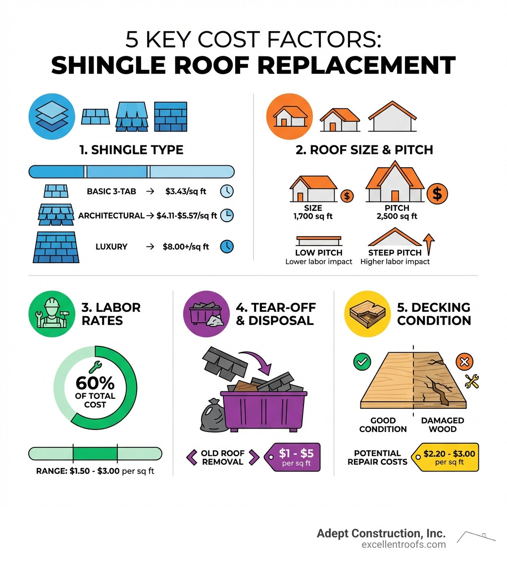 Detailed infographic showing the five key cost factors for shingle roof replacement: 1. Shingle Type (ranging from basic 3-tab at $3.43/sq ft to luxury at $8.00+/sq ft with corresponding lifespans), 2. Roof Size and Pitch (illustrated with examples of 1,700 sq ft vs 2,500 sq ft homes and steep vs low pitch impacts on labor), 3. Labor Rates (showing the typical 60% of total cost breakdown and $1.50-$3.00 per square foot range), 4. Tear-Off and Disposal (depicting $1-$5 per square foot for old roof removal), and 5. Decking Condition (showing potential repair costs of $2.20-$3.00 per square foot for damaged wood replacement) - how much does it cost to replace a shingle roof infographic 