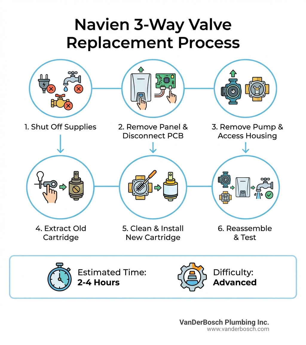 Infographic showing the Navien 3-way valve replacement process: 1) Shut off power, water, and gas supplies 2) Remove front panel and disconnect PCB 3) Remove circulator pump and access valve housing 4) Pull locking pin and extract old cartridge 5) Clean housing and install new cartridge 6) Reassemble all components and test system. Includes estimated time of 2-4 hours and difficulty rating of advanced. - navien 3 way valve replacement infographic Infographic showing the Navien 3-way valve replacement process: 1) Shut off power, water, and gas supplies 2) Remove front panel and disconnect PCB 3) Remove circulator pump and access valve housing 4) Pull locking pin and extract old cartridge 5) Clean housing and install new cartridge 6) Reassemble all components and test system. Includes estimated time of 2-4 hours and difficulty rating of advanced. - navien 3 way valve replacement infographic