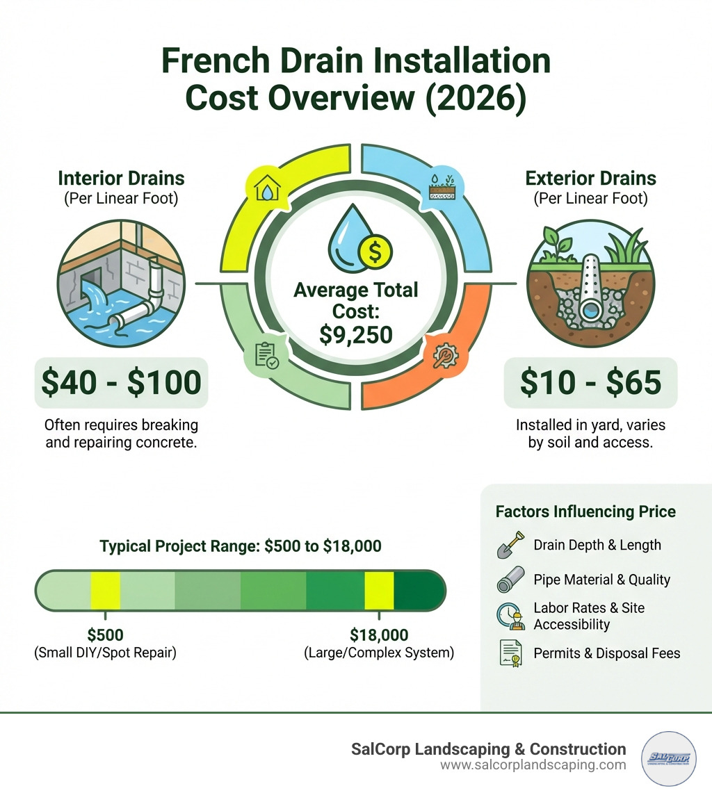 Infographic detailing average French drain installation costs, factors influencing price, and cost ranges for interior vs. exterior drains - cost of putting in french drain infographic 