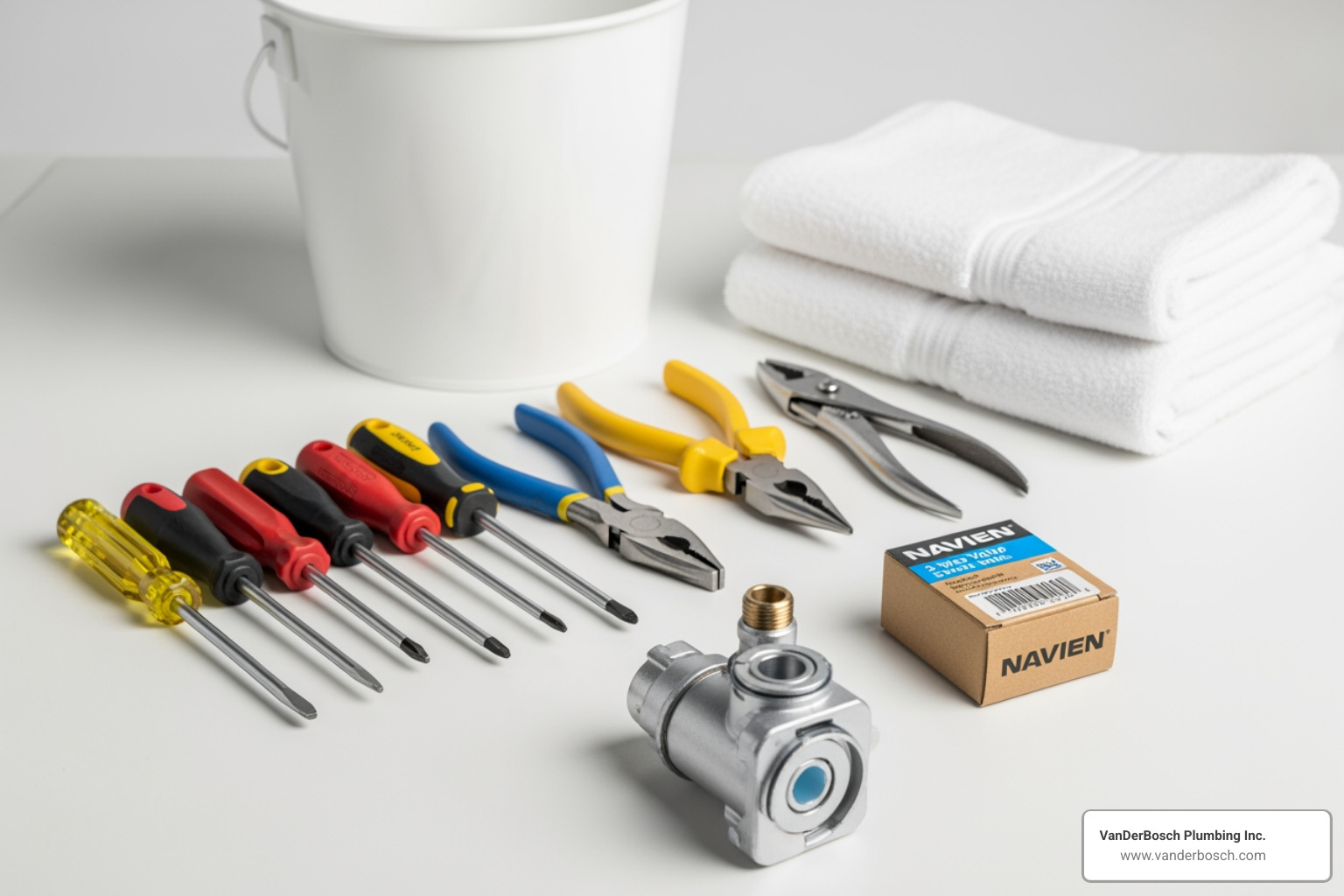necessary tools laid out (screwdrivers, pliers, bucket, towels, new valve) - navien 3 way valve replacement necessary tools laid out (screwdrivers, pliers, bucket, towels, new valve) - navien 3 way valve replacement