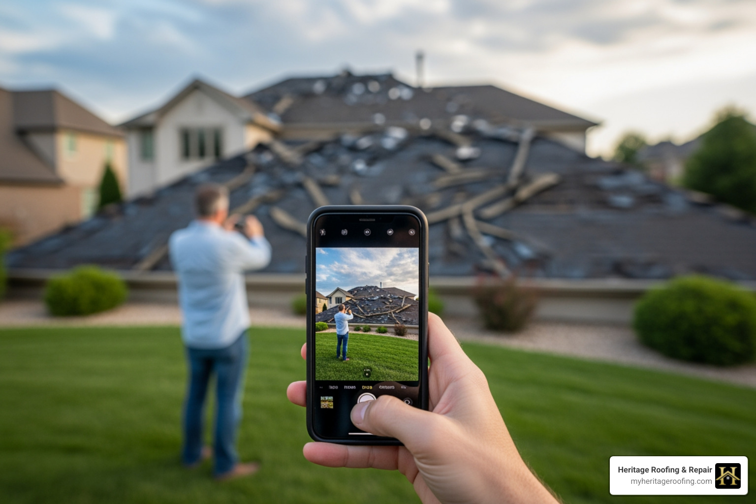 homeowner taking a picture of damaged roof with smartphone - Insurance roof damage homeowner taking a picture of damaged roof with smartphone - Insurance roof damage