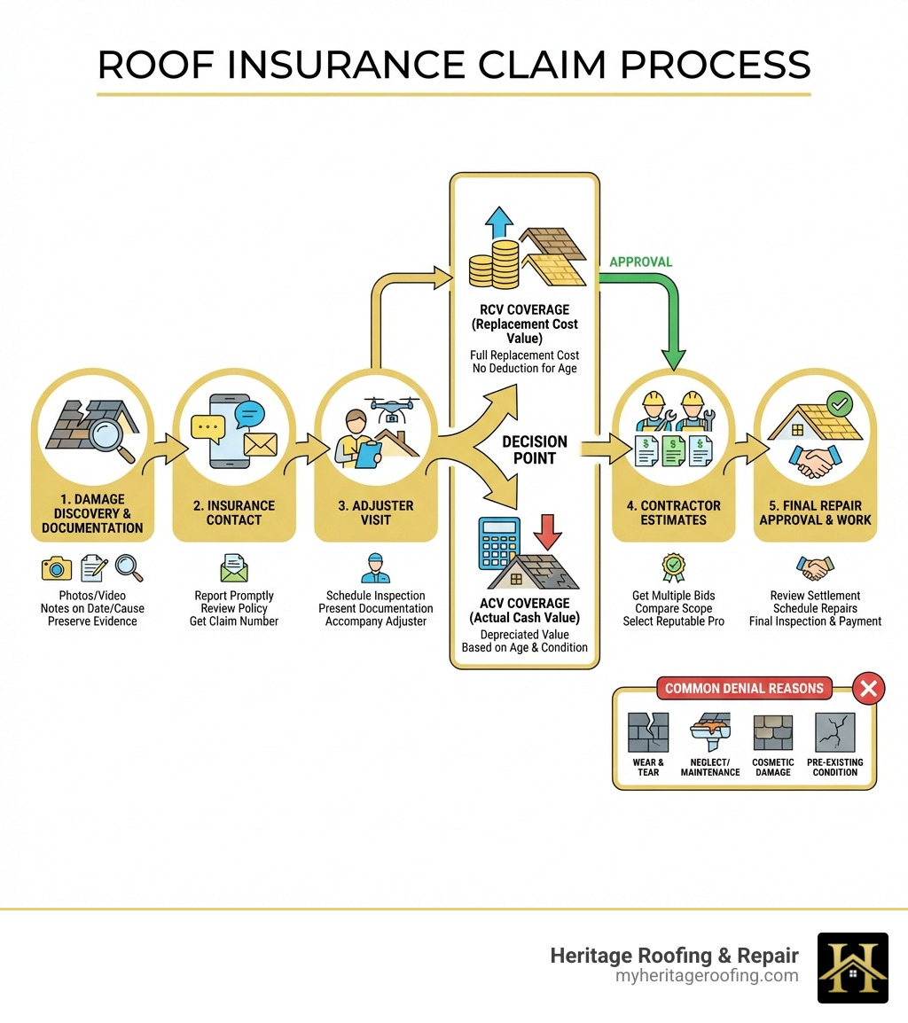infographic showing the roof insurance claim process from damage discovery through documentation, insurance contact, adjuster visit, contractor estimates, and final repair approval, with decision points for ACV vs RCV coverage and common denial reasons - Insurance roof damage infographic infographic showing the roof insurance claim process from damage discovery through documentation, insurance contact, adjuster visit, contractor estimates, and final repair approval, with decision points for ACV vs RCV coverage and common denial reasons - Insurance roof damage infographic