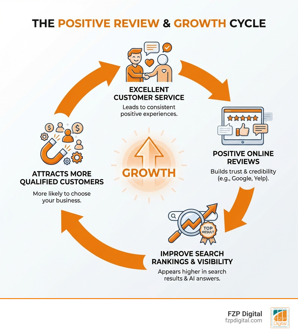 Infographic showing the positive review cycle: excellent customer service leads to positive online reviews, which improve search rankings and visibility, which attracts more qualified customers, who receive excellent service, completing the cycle - review and reputation management infographic Infographic showing the positive review cycle: excellent customer service leads to positive online reviews, which improve search rankings and visibility, which attracts more qualified customers, who receive excellent service, completing the cycle - review and reputation management infographic