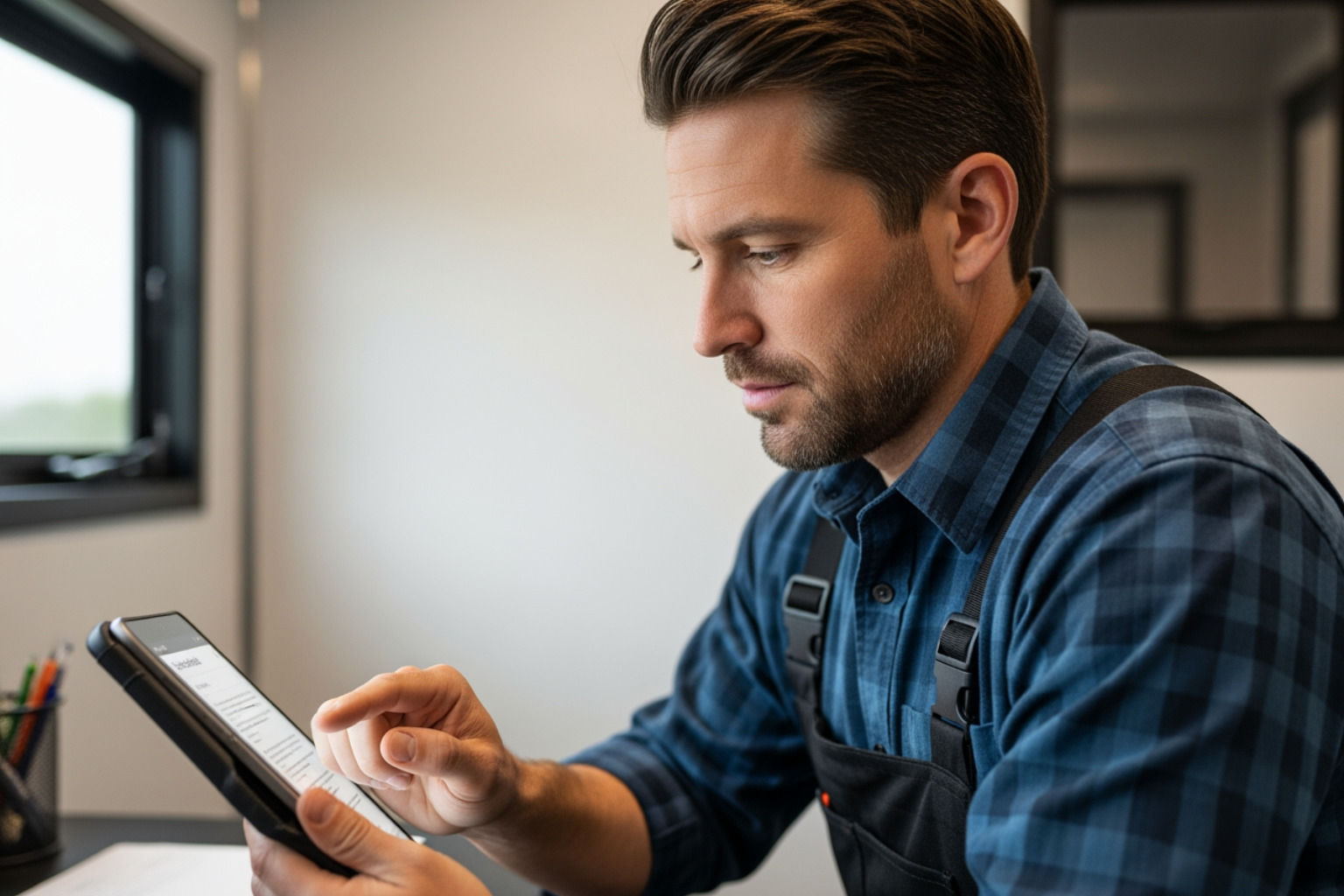 contractor reviewing customer feedback on a tablet - customer satisfaction roofing contractor reviewing customer feedback on a tablet - customer satisfaction roofing