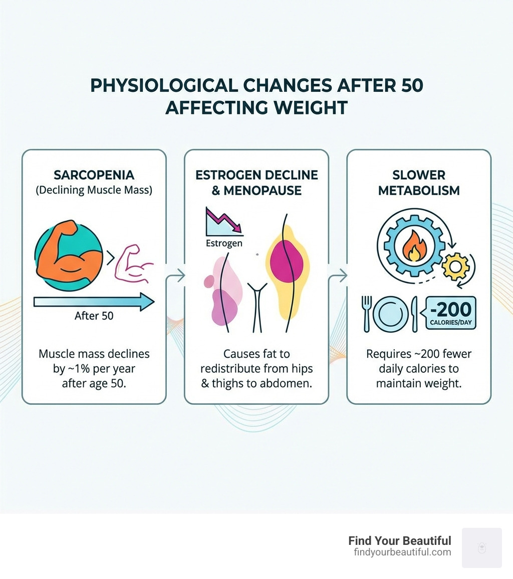infographic showing three key physiological changes after 50: sarcopenia with declining muscle mass at 1% per year, estrogen decline during menopause causing belly fat redistribution, and slower metabolism requiring 200 fewer daily calories - weight loss for women over 50 infographic 