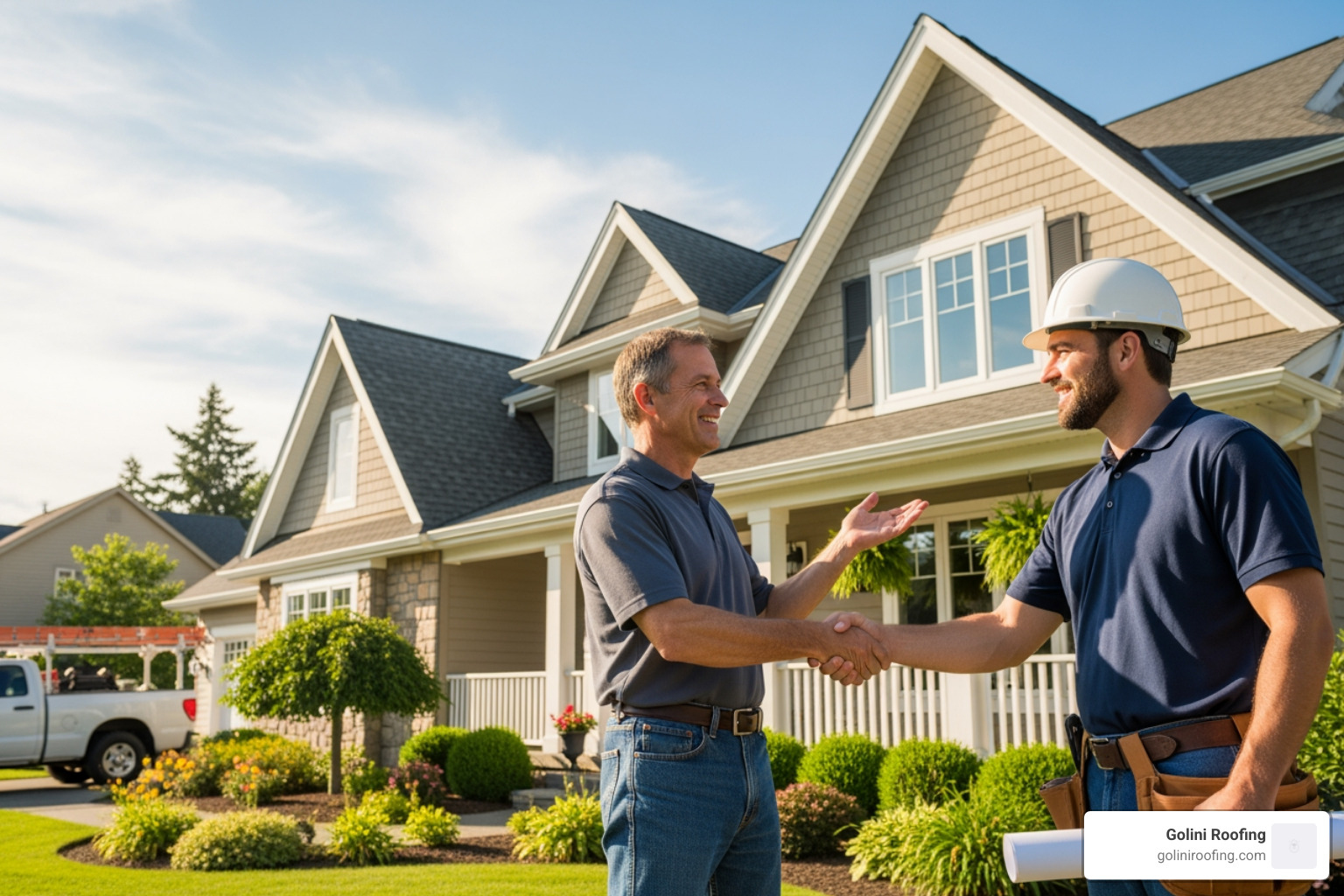 Homeowner shaking hands with trusted roofer - Roofer Homeowner shaking hands with trusted roofer - Roofer