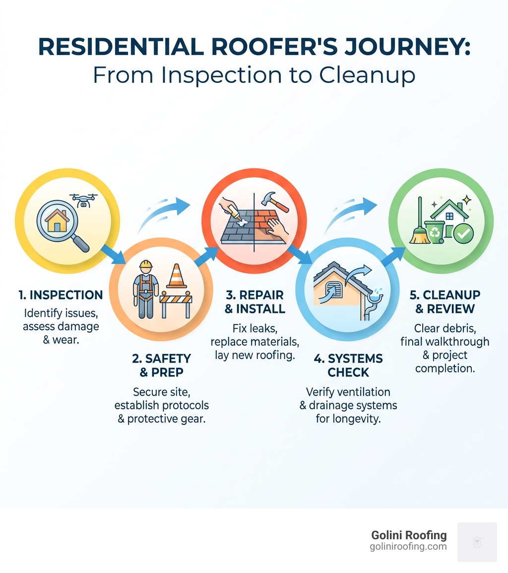 Infographic explaining key responsibilities of a residential roofer from inspection to cleanup - Roofer infographic Infographic explaining key responsibilities of a residential roofer from inspection to cleanup - Roofer infographic