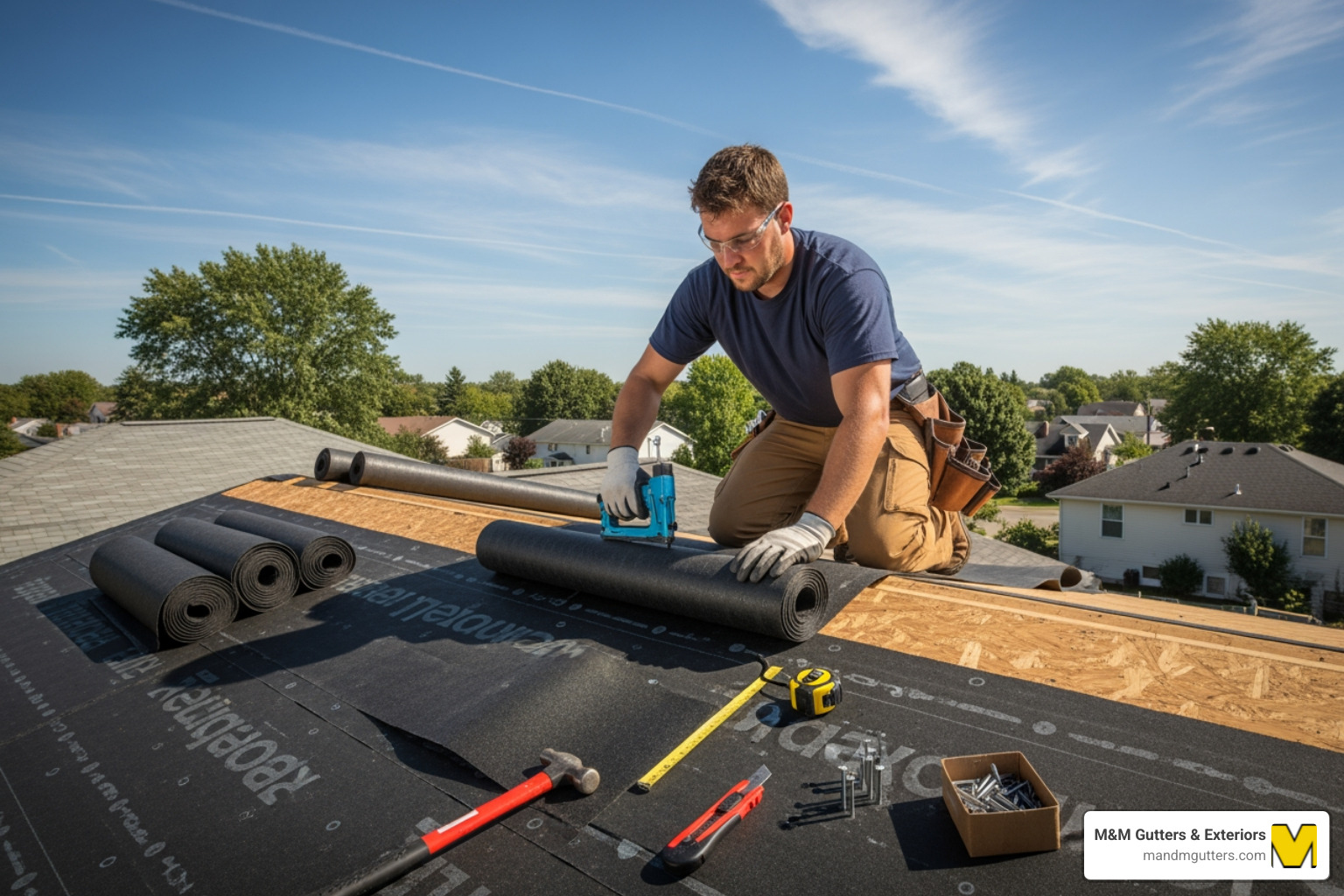 Professional roofer installing roofing felt on a house - astm d 226