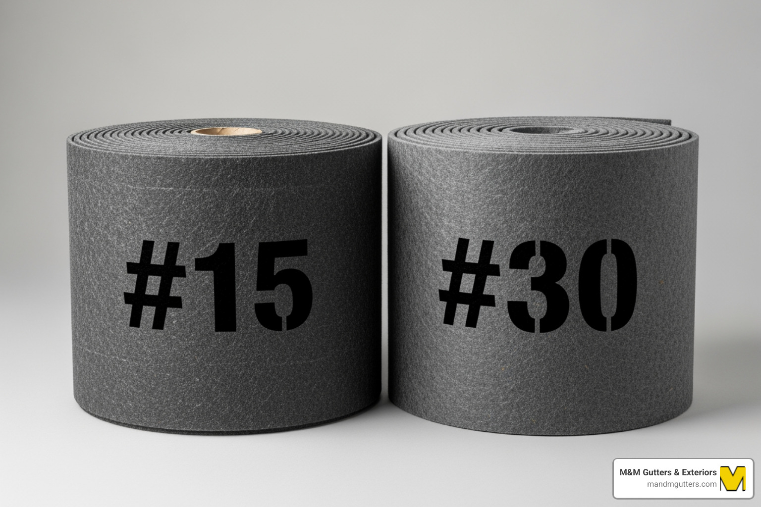 Two rolls of roofing felt, one labeled #15 and the other #30 - astm d 226