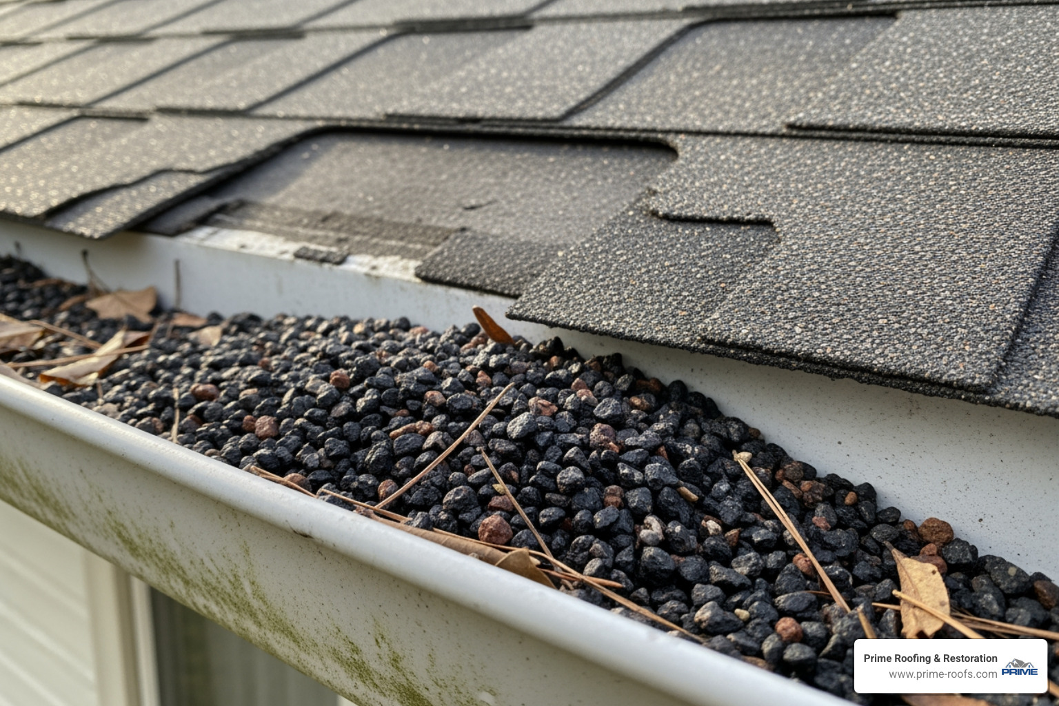 shingle granules collecting in a gutter - damaged shingles repair