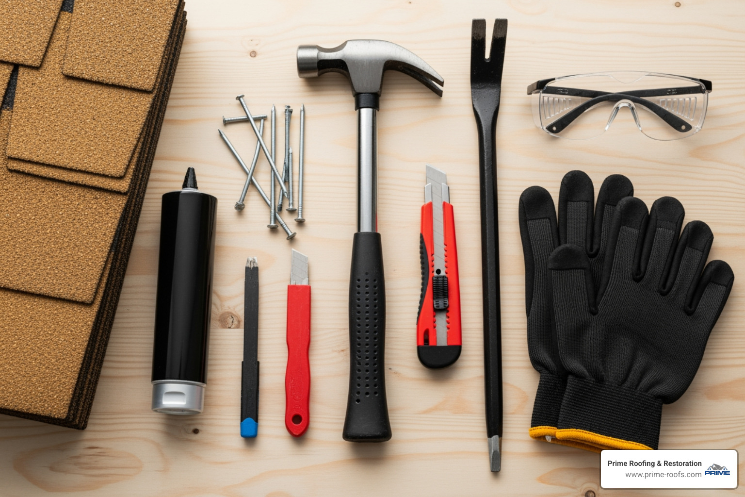 all the necessary tools and materials laid out on a clean surface - damaged shingles repair