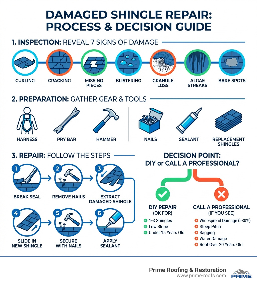 Infographic showing the damaged shingle repair process: inspection reveals 7 signs of damage (curling, cracking, missing pieces, blistering, granule loss, algae streaks, bare spots), followed by gathering safety gear and tools (harness, pry bar, hammer, nails, sealant, replacement shingles), then the repair steps (break seal, remove nails, extract damaged shingle, slide in new shingle, secure with nails, apply sealant), with decision points for DIY repair (1-3 shingles, low slope, under 15 years old) versus calling a professional (widespread damage over 30%, steep pitch, sagging, water damage, roof over 20 years old) - damaged shingles repair infographic 