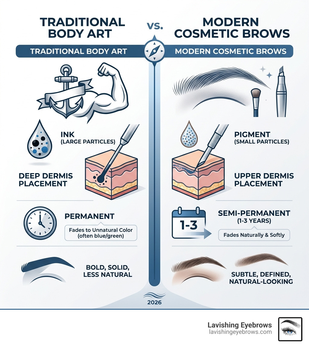 Infographic explaining the difference between traditional body art tattoos and modern cosmetic brow tattoos. - Cosmetic brow tattooing infographic 
