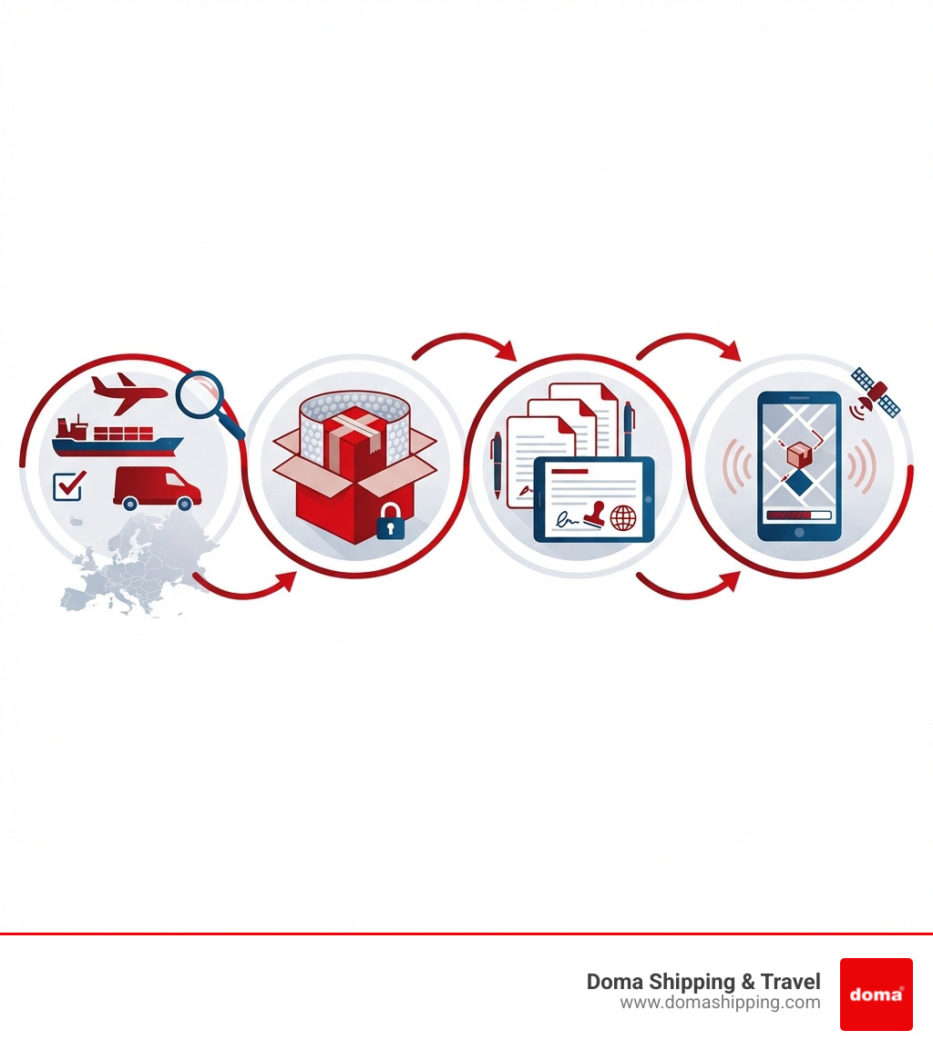 Infographic illustrating the 4 essential steps for shipping to Europe: 1. Select Shipping Method, 2. Pack Securely, 3. Complete Customs Forms, 4. Track Your Shipment. - best way to ship to europe infographic 