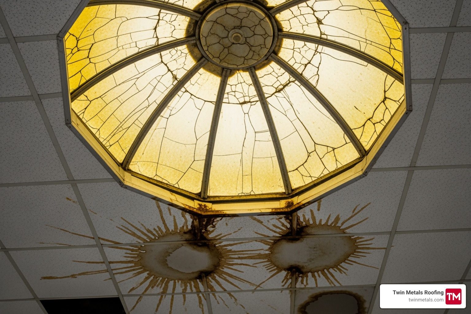 Image of a cracked and yellowed acrylic dome skylight showing signs of water staining on the ceiling below. - commercial skylight replacement