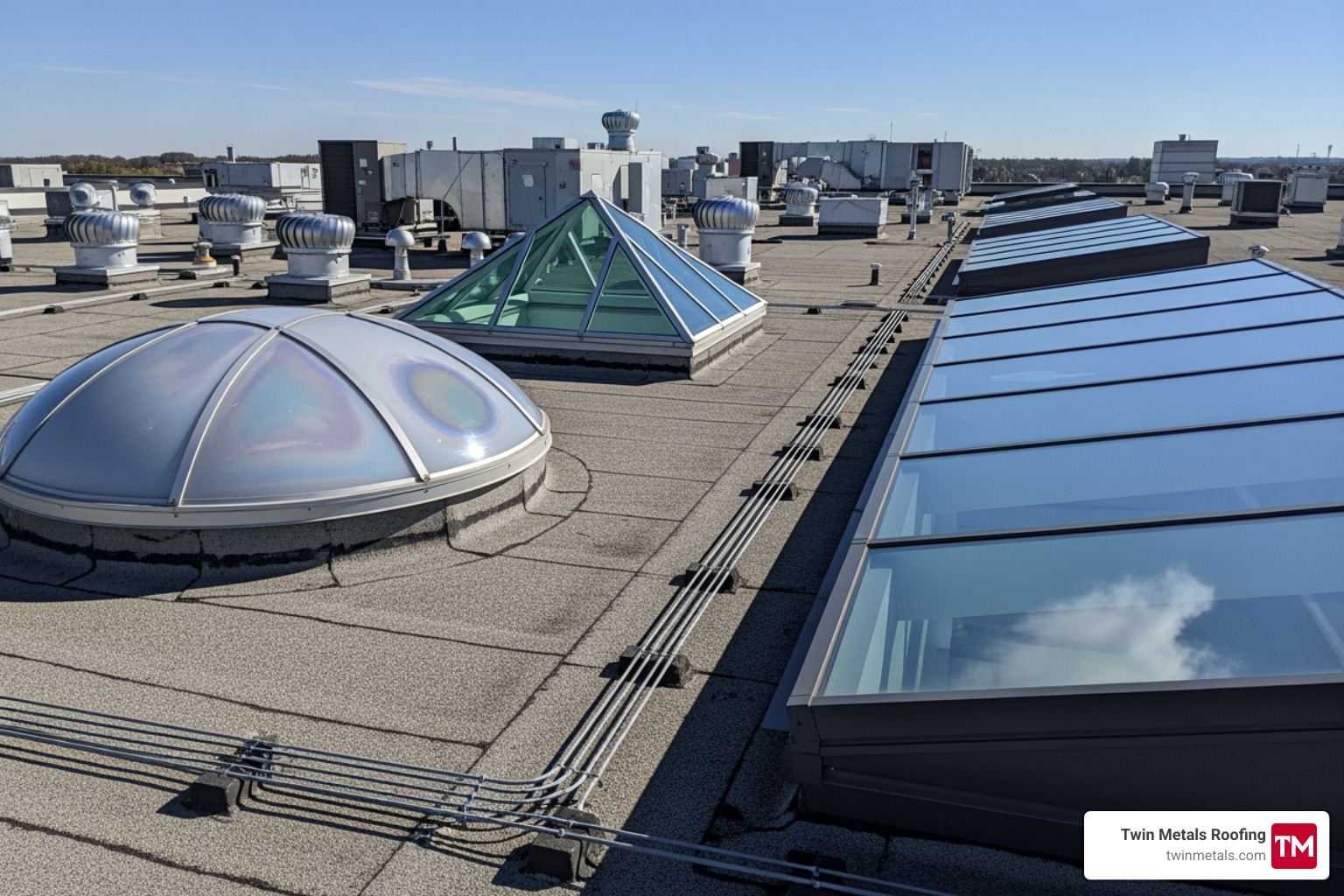 Image of various commercial skylight styles like dome, pyramid, and flat glass on a commercial roof. - commercial skylight replacement