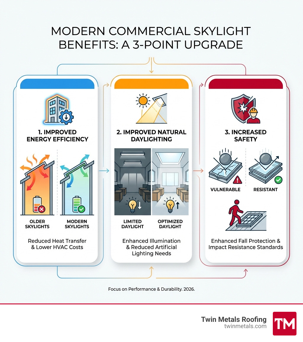 Infographic detailing the top 3 benefits of modern commercial skylights: improved energy efficiency, improved natural daylighting, and increased safety. - commercial skylight replacement infographic 