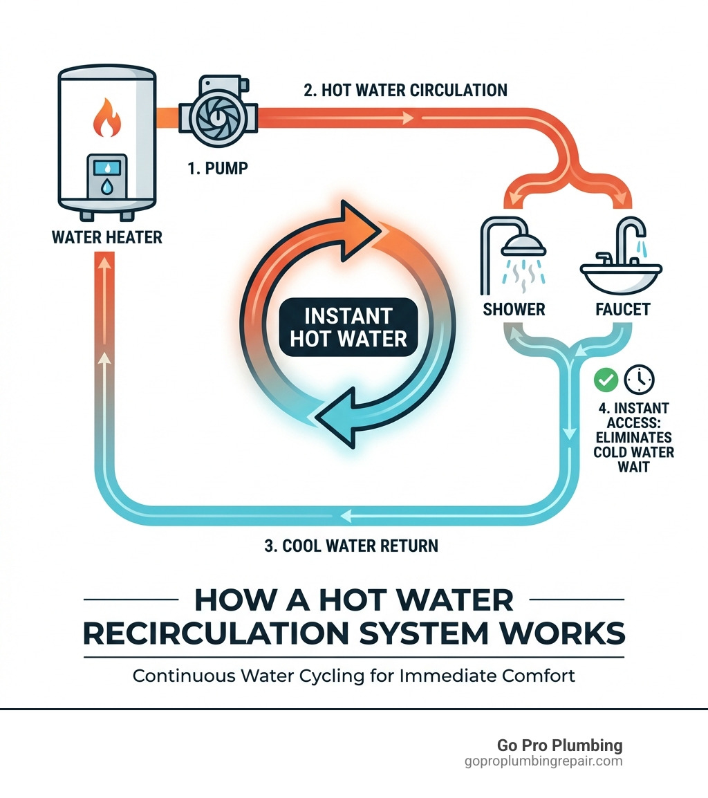 Infographic explaining how a hot water recirculation system works by continuously cycling water between the heater and fixtures, eliminating cold water wait times - how does a hot water recirculation work infographic 