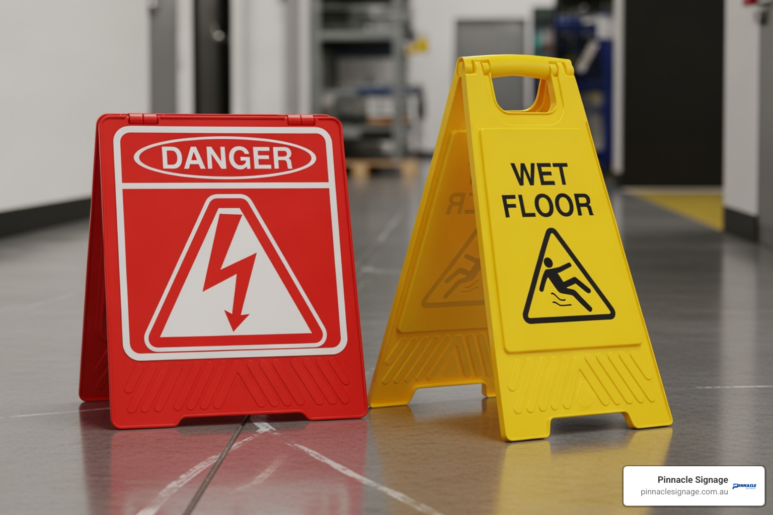 a 'Danger: High Voltage' sign and a 'Caution: Wet Floor' A-frame sign side-by-side to illustrate the difference. - Bunnings security signs