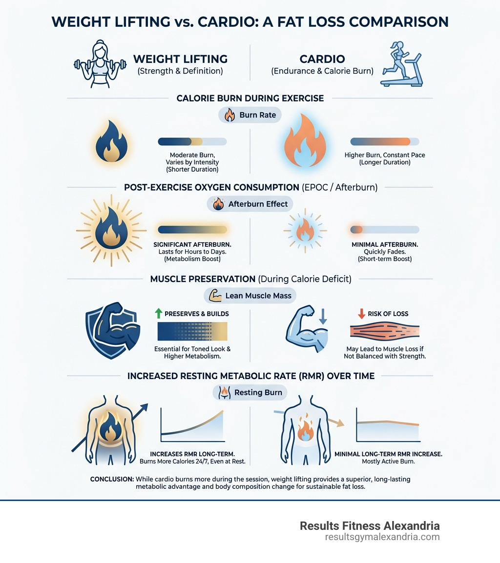 Infographic comparing weight lifting versus cardio for fat loss showing calorie burn during exercise, post-exercise oxygen consumption EPOC afterburn effect, muscle preservation during calorie deficit, and increased resting metabolic rate over time - weight lifting for beginners female weight loss infographic 