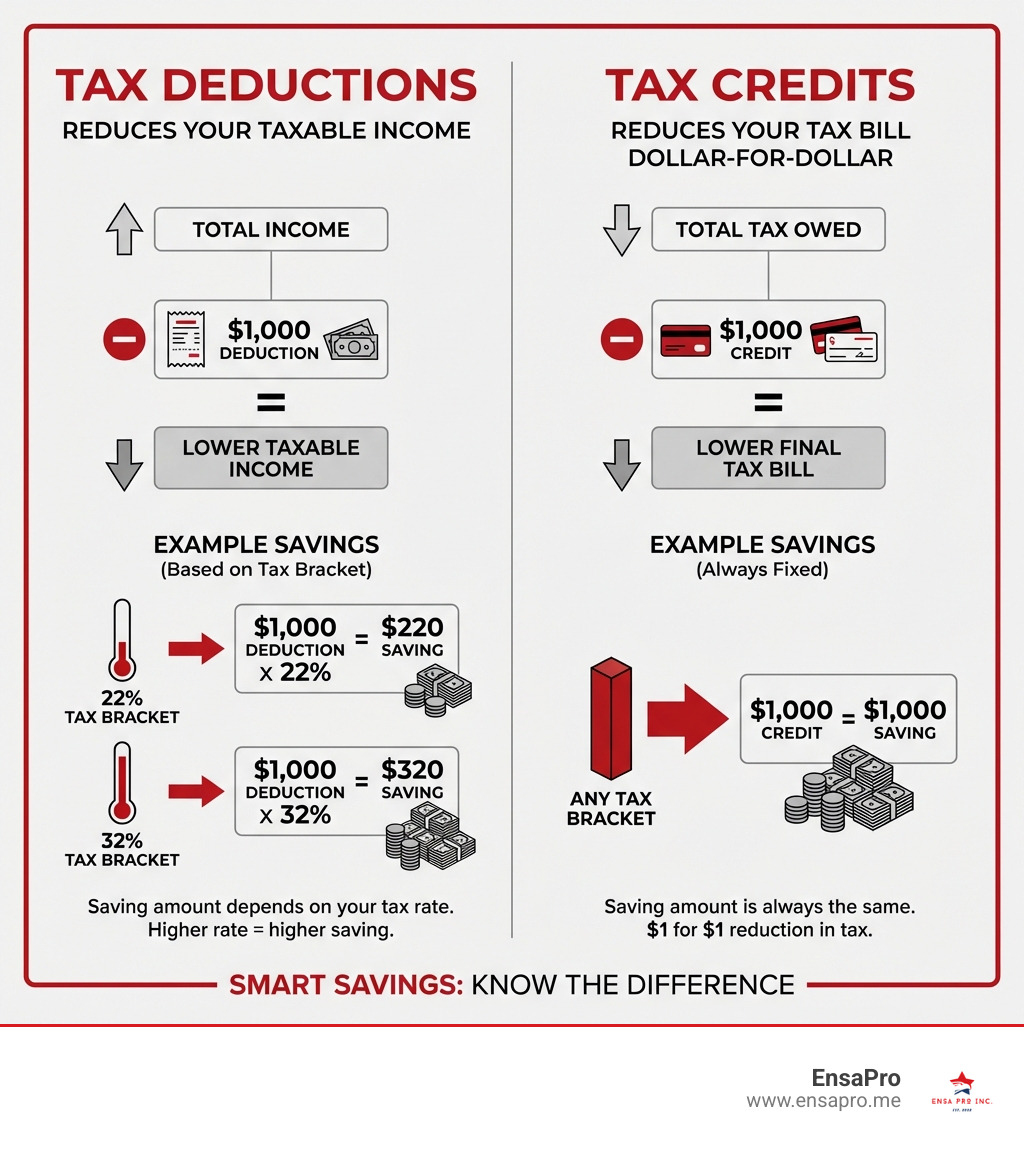 Infographic showing two columns: Tax Deductions reduce your taxable income (income minus deductions equals lower taxable income) versus Tax Credits reduce your tax bill dollar-for-dollar (tax owed minus credits equals final tax bill). Includes examples with specific dollar amounts showing how a $1,000 deduction saves different amounts based on tax bracket, while a $1,000 credit always saves $1,000. - Tax deductible expenses infographic 