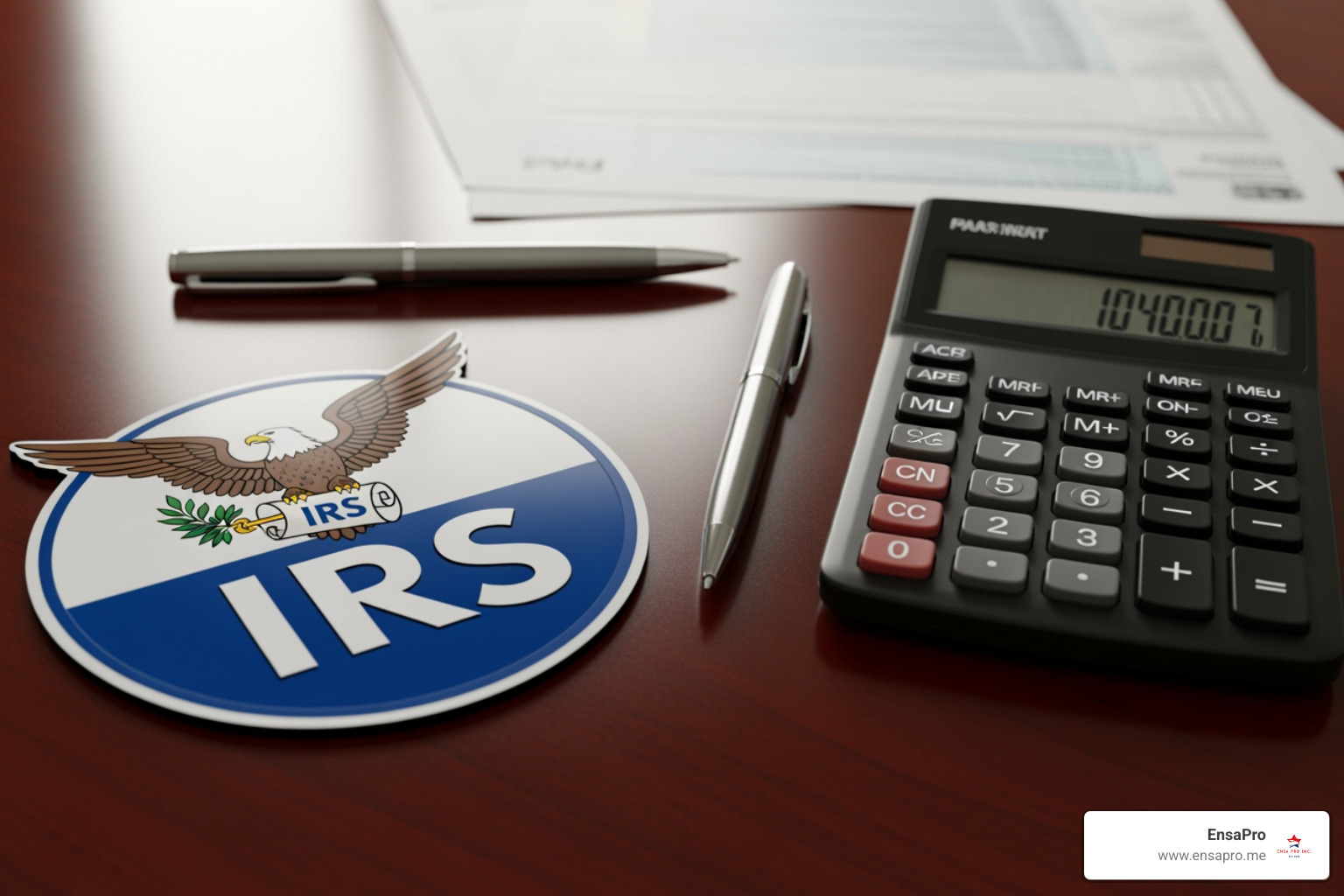 IRS logo next to a calculator and pen - IRS tax help Irvine IRS logo next to a calculator and pen - IRS tax help Irvine
