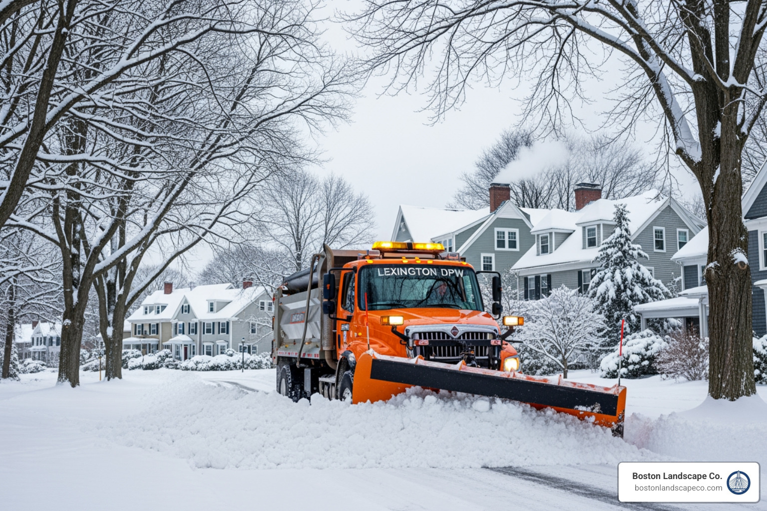 municipal snow plow on a Lexington street - snow removal Lexington MA