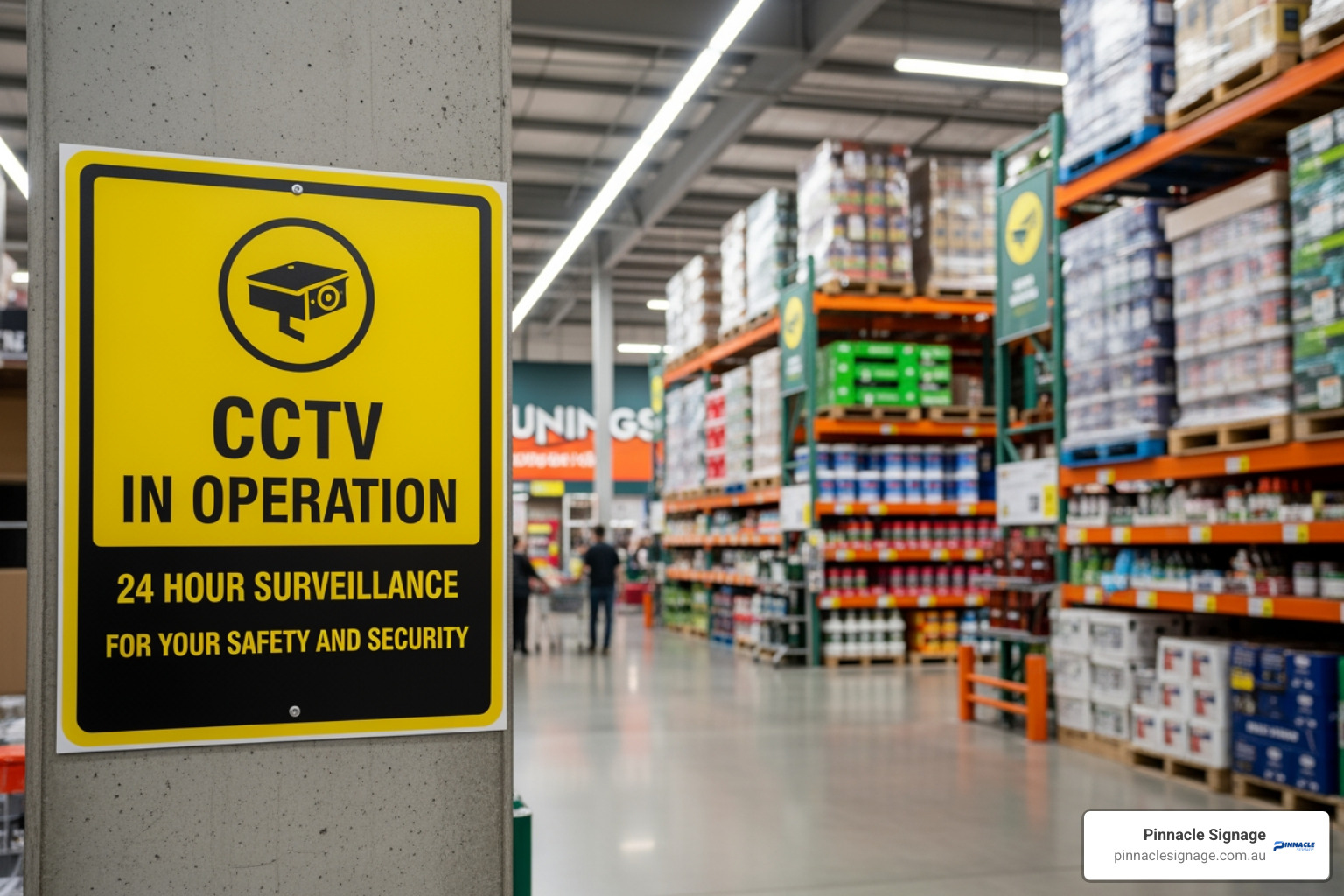 High-visibility Bunnings security signs in a warehouse aisle featuring a camera icon and a "24 HOUR SURVEILLANCE" notice for shoppers.