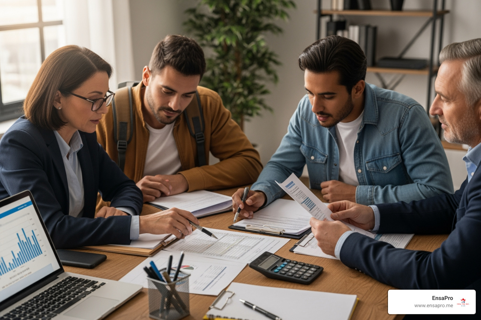 Diverse group of people (small business owner, gig worker, individual) looking at paperwork - audit assistance services