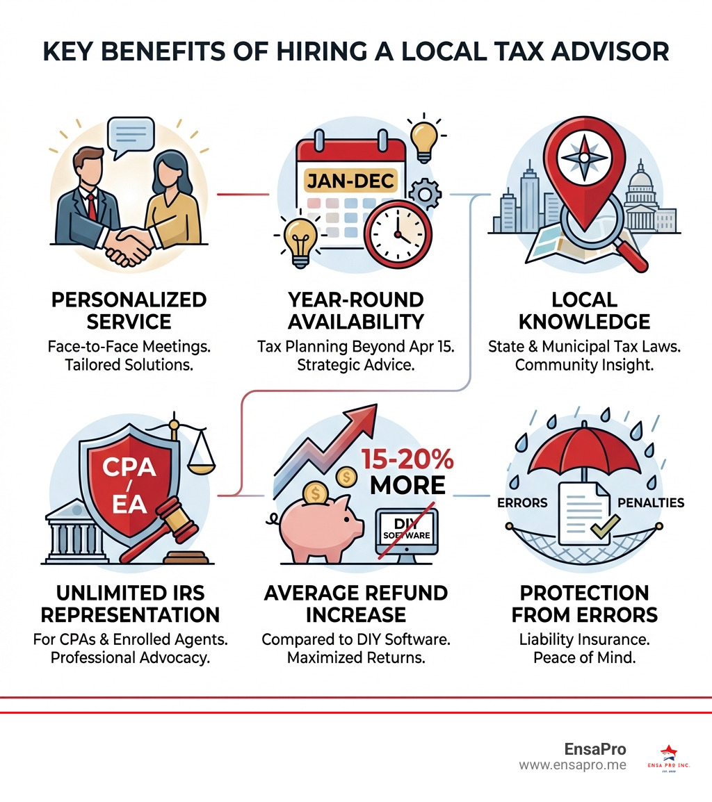 Infographic showing the key benefits of hiring a local tax advisor: personalized service with face-to-face meetings, year-round availability for tax planning beyond April 15, local knowledge of state and municipal tax laws, unlimited IRS representation rights for CPAs and Enrolled Agents, average refund increase of 15-20% compared to DIY software, and protection from costly errors through professional liability insurance - tax advisors in my area infographic 