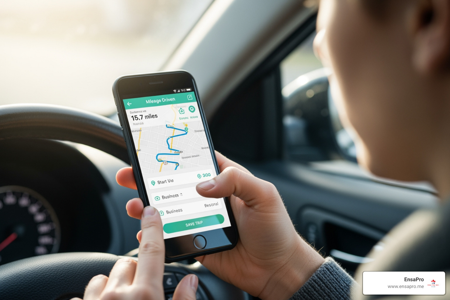 Person using a mileage tracking app on their smartphone - self-employed tax deductions worksheet Person using a mileage tracking app on their smartphone - self-employed tax deductions worksheet