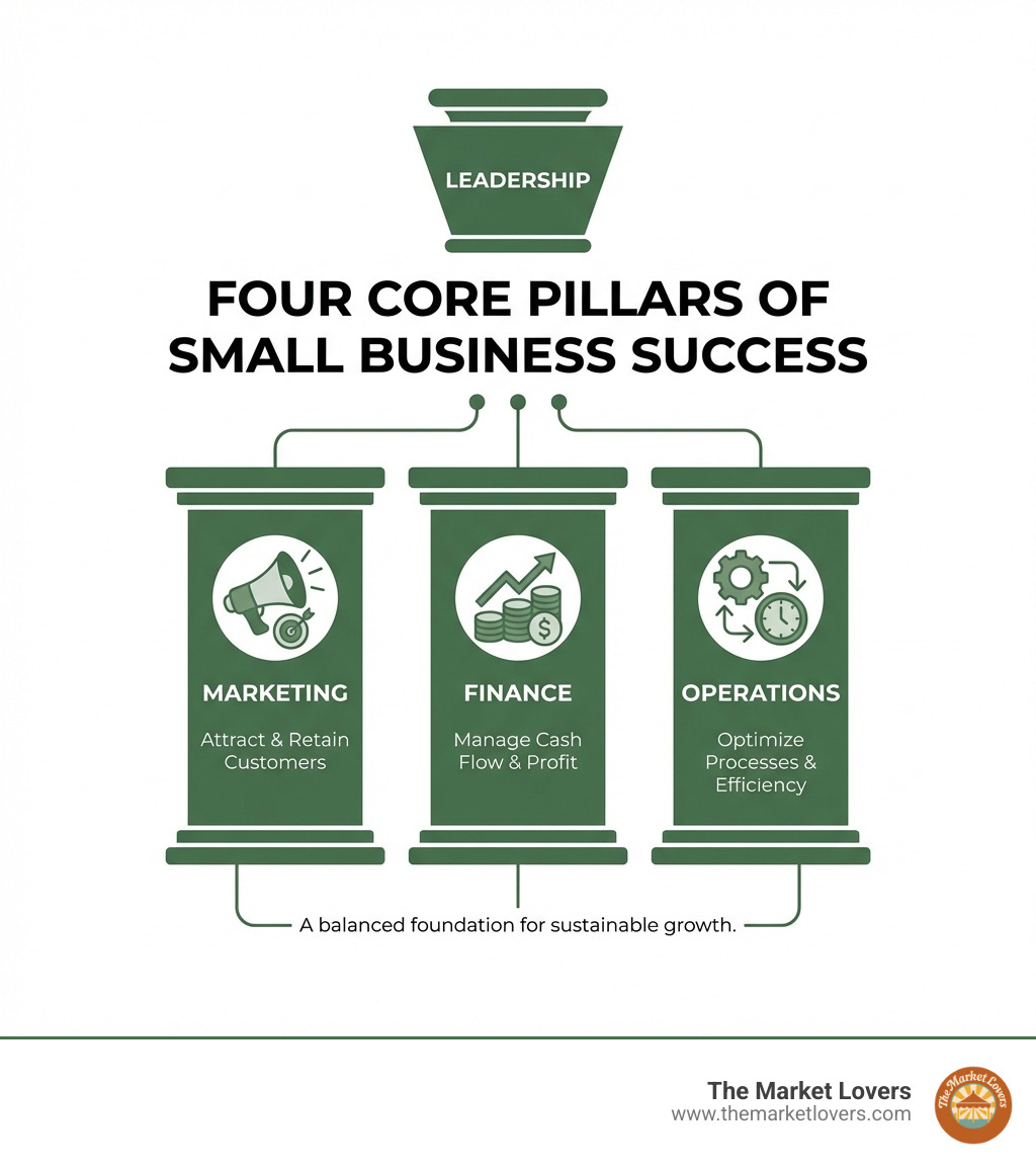 infographic showing the four core pillars of small business success: Leadership at the top, with Marketing, Finance, and Operations as supporting columns - best books about running a small business infographic 