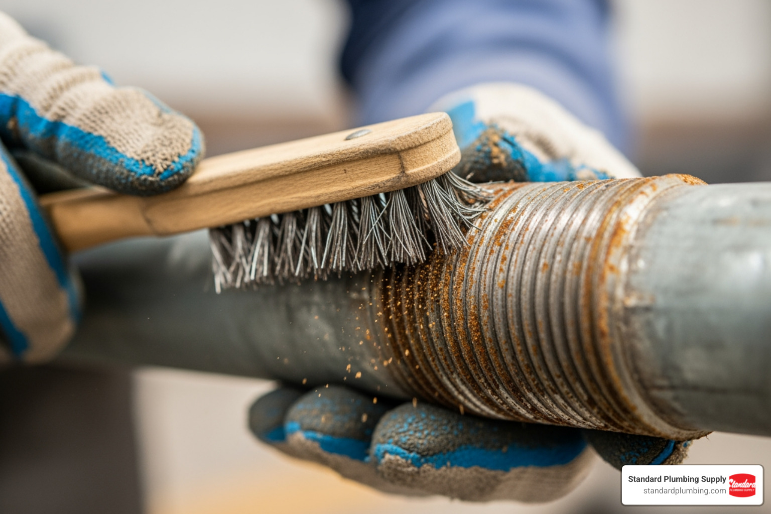 a wire brush cleaning pipe threads - Hose bib replacement