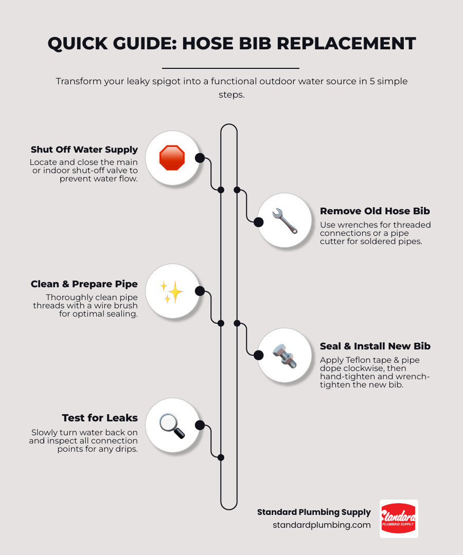 infographic explaining the anatomy of a standard vs. a frost-free hose bib, labeling key components including the handle, packing nut, valve stem, rubber washer, threaded inlet connection, hose thread outlet, and for frost-free models the extended valve stem that reaches inside the wall where temperatures stay above freezing - Hose bib replacement infographic infographic-line-5-steps-elegant_beige