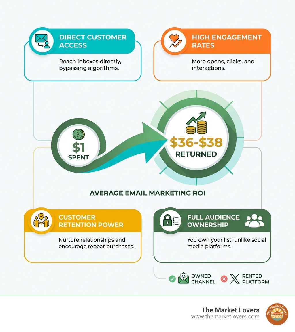 infographic showing email marketing ROI: $36-$38 returned for every $1 spent, with key benefits listed including direct customer access, high engagement rates, customer retention power, and full audience ownership compared to social media platforms - email marketing small business infographic 