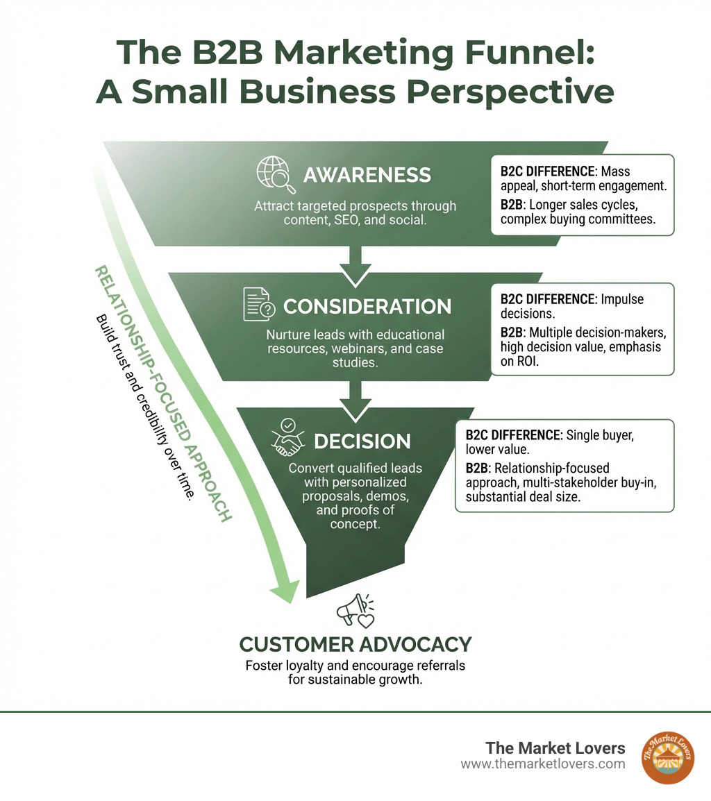 infographic showing the B2B marketing funnel stages from awareness to decision, with key differences from B2C including longer sales cycles, multiple decision makers, higher decision values, and relationship-focused approach at each stage - b2b marketing strategy small business infographic 