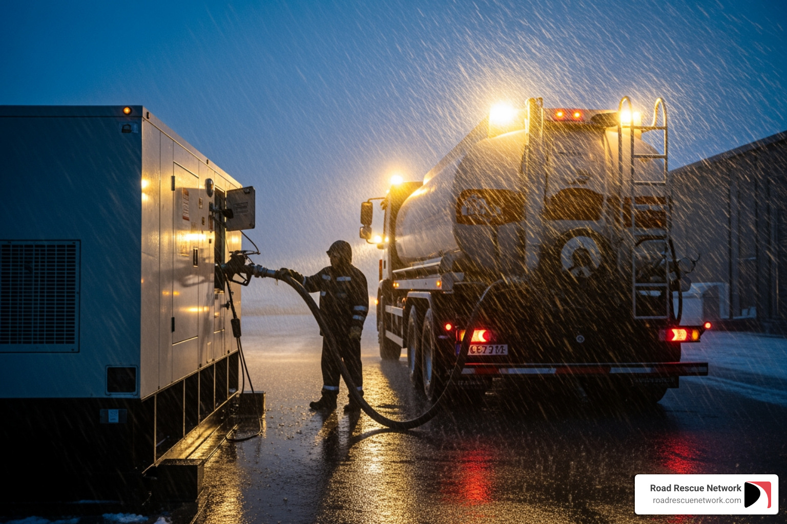 generator being refueled during a storm - 24 hour fuel delivery diesel
