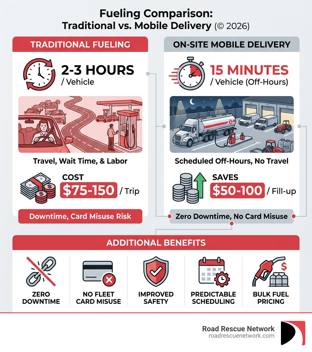 Infographic showing time and cost comparison: Traditional gas station fueling (2-3 hours per vehicle including travel, wait time, and labor at $75-150 per trip) versus on-site mobile diesel delivery (15 minutes per vehicle, scheduled during off-hours, saving $50-100 per fill-up). Additional benefits highlighted: zero downtime, no fleet card misuse, improved safety, predictable scheduling, and bulk fuel pricing - 24 hour fuel delivery diesel infographic 