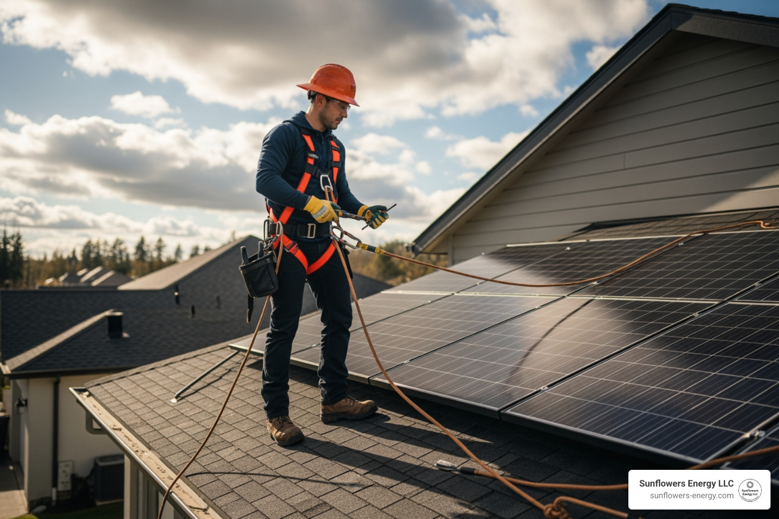 certified technician safely working on a roof with solar panels - solar repair service