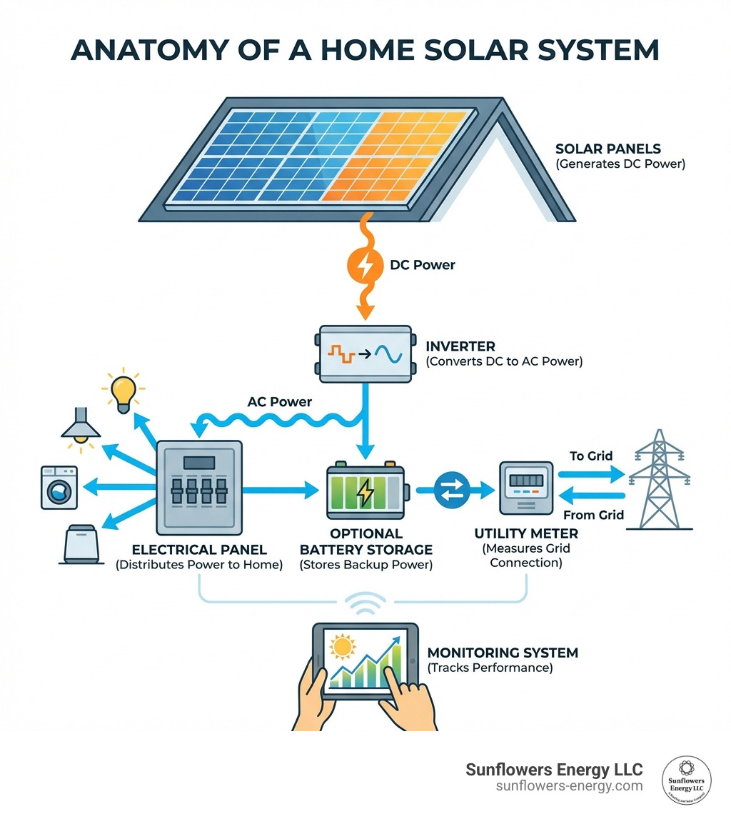 infographic showing the anatomy of a home solar system with labeled components including solar panels on roof generating DC power, inverter converting DC to AC power, electrical panel distributing power to home, monitoring system tracking performance, utility meter measuring grid connection, and optional battery storage for backup power - solar repair service infographic 