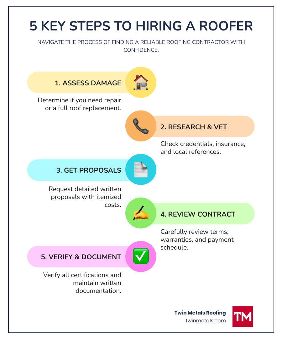 Infographic showing the 5 key steps to hiring a roofer: 1. Assess your roof damage and determine repair vs replacement needs, 2. Research and vet local contractors by checking credentials, insurance, and references, 3. Request detailed written proposals from multiple contractors with itemized costs, 4. Review contracts carefully including warranties, payment terms, and project timeline, 5. Verify all certifications and maintain written documentation throughout the project - i need a roofer infographic infographic-line-5-steps-colors