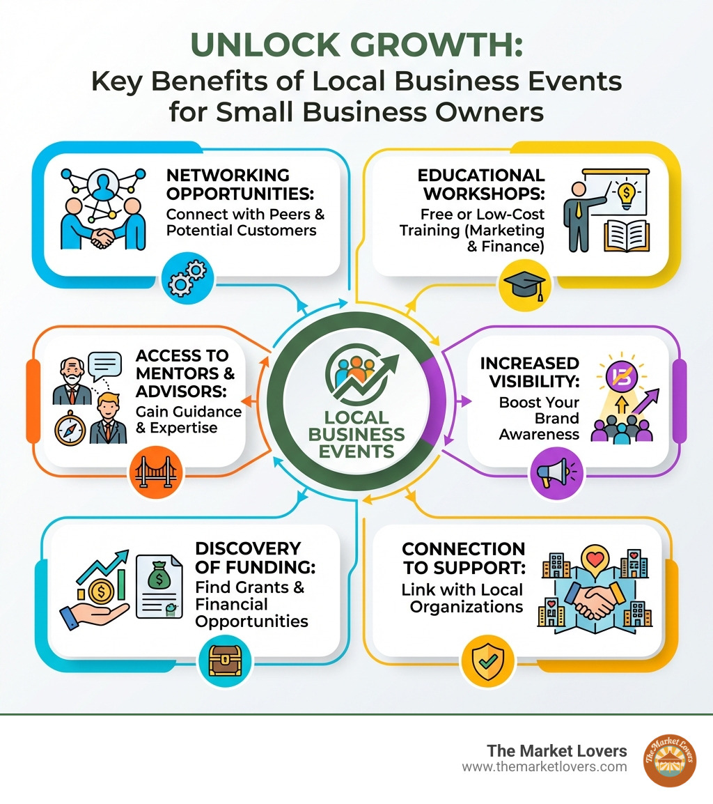 Infographic explaining the key benefits of attending local business events for small business owners: networking opportunities with peers and potential customers, free or low-cost educational workshops on topics like marketing and finance, access to mentors and business advisors, increased visibility for your brand, discovery of funding and grant opportunities, and connection to local business support organizations - local business events infographic 