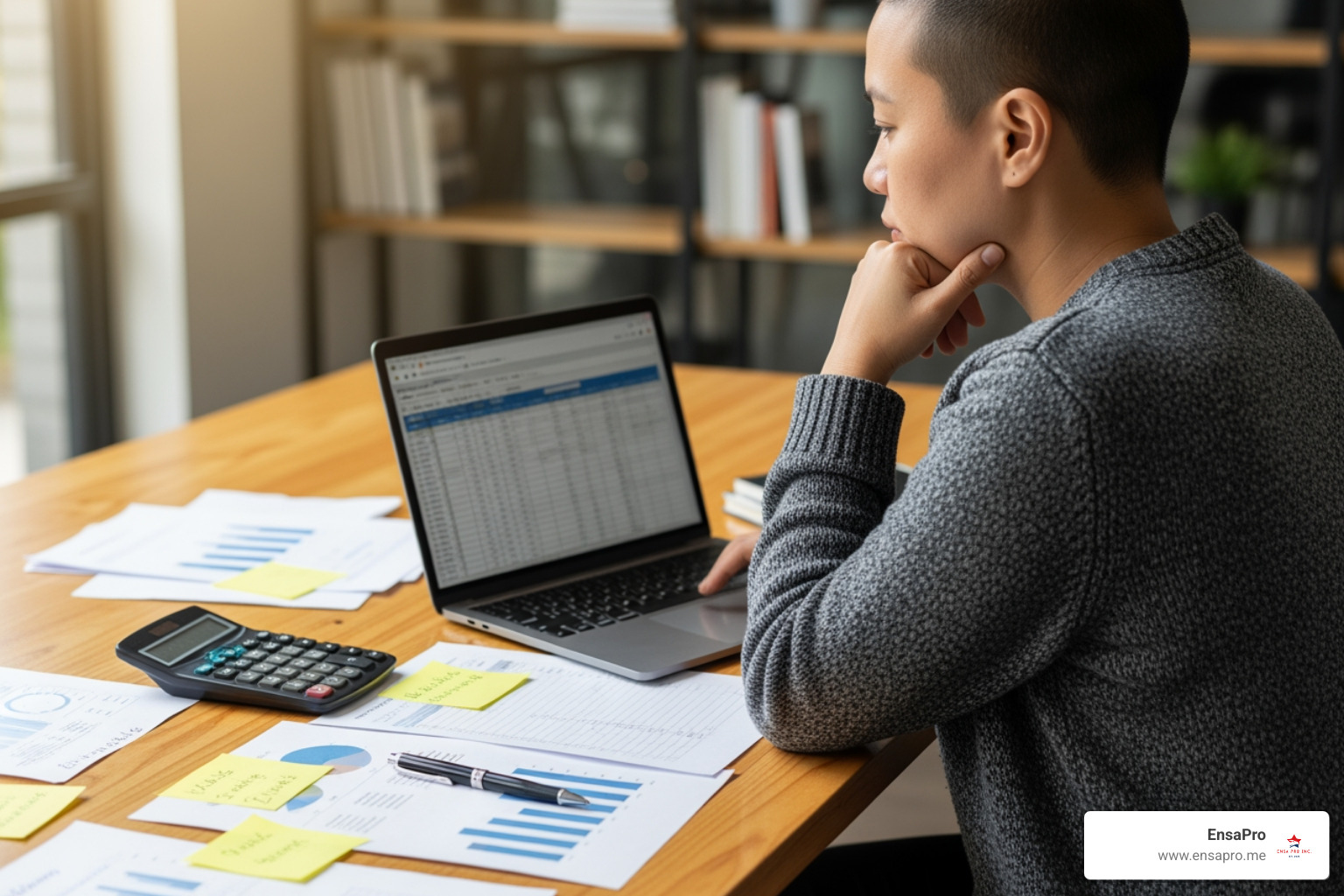 person at a desk with a laptop, calculator, and papers, looking thoughtful - draft income tax return person at a desk with a laptop, calculator, and papers, looking thoughtful - draft income tax return